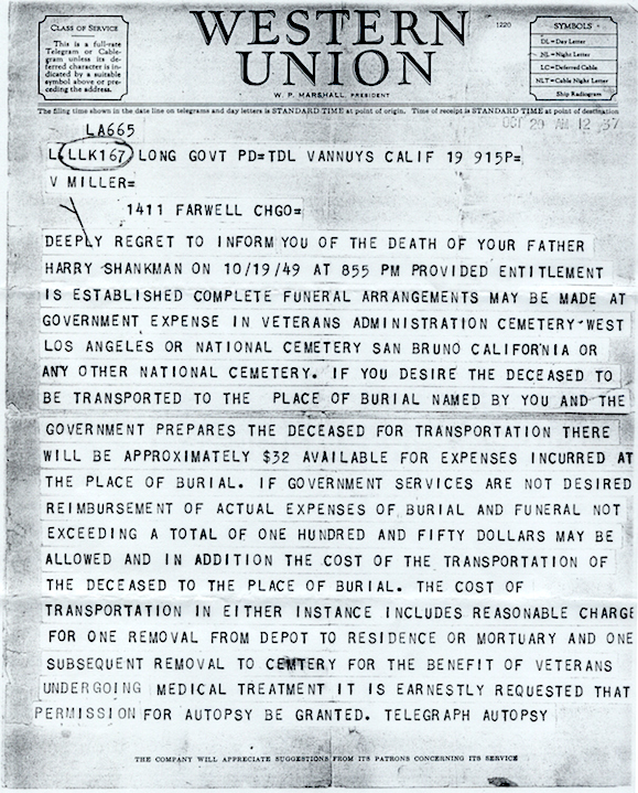 Western Union death telegram page 1 | Melamed Family History